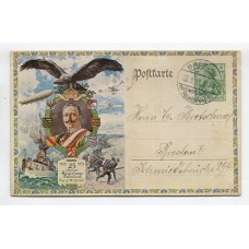 ALEMANIA 1913 HERMOSO ENTERO TARJETA POSTAL CIRCULADO 25 ANIVERSARIO DEL KAISER GUILLERMO II BARCOS AVIONES ZEPPELIN UNIFORMES MILITARES